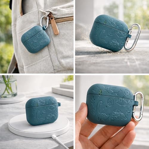 Image of Emoh Roced Case for Airpod 4 with Keychain,Silicone Dinosaur Engraved Cases Compatible with Apple AirPods 4th Generation 2024, Anti-Scratch, Protective Case Cover (Dark Green, for AirPods 4)