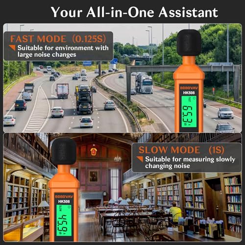 BOBOVAV Decibel Meter Sound Level Reader, Portable with 30-130dB Range, 125ms Fast & 1s Slow Response Modes, A-Weighted, Max/Min Hold, Low Battery Alert, for Home, Factory, Classroom, Noisy Neighbors - Thumbnail 5