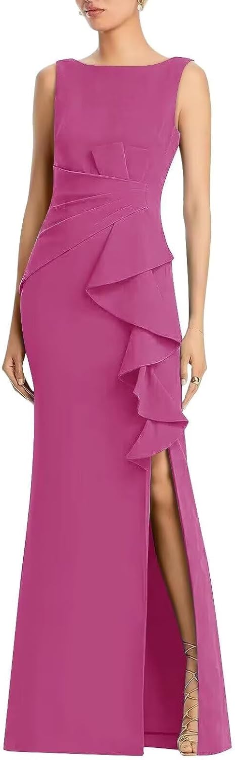 Long Mermaid Mother of The Bride Dresses for Wedding Satin Ruffle Elegant Formal Dresses for Wedding Guest with Slit
