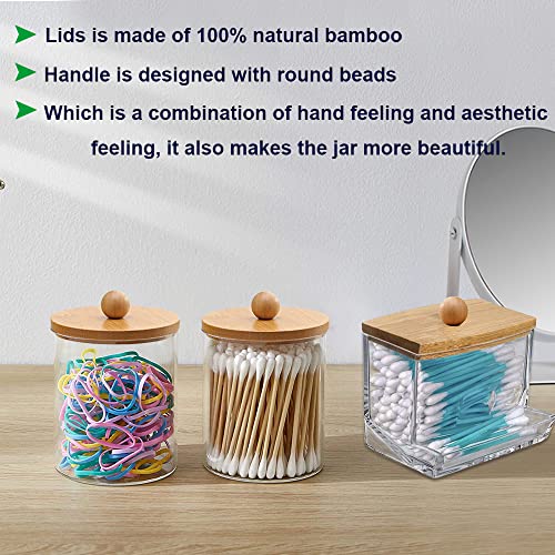 Wisiew Qtip Holder Dispenser For Cotton Ball, Cotton Swab, Floss, Cotton Round Pads - Clear Plastic Apothecary Jar With Bamboo Lids For Bathroom Canister Storage Organization, Vanity Makeup Organizer #TOP2