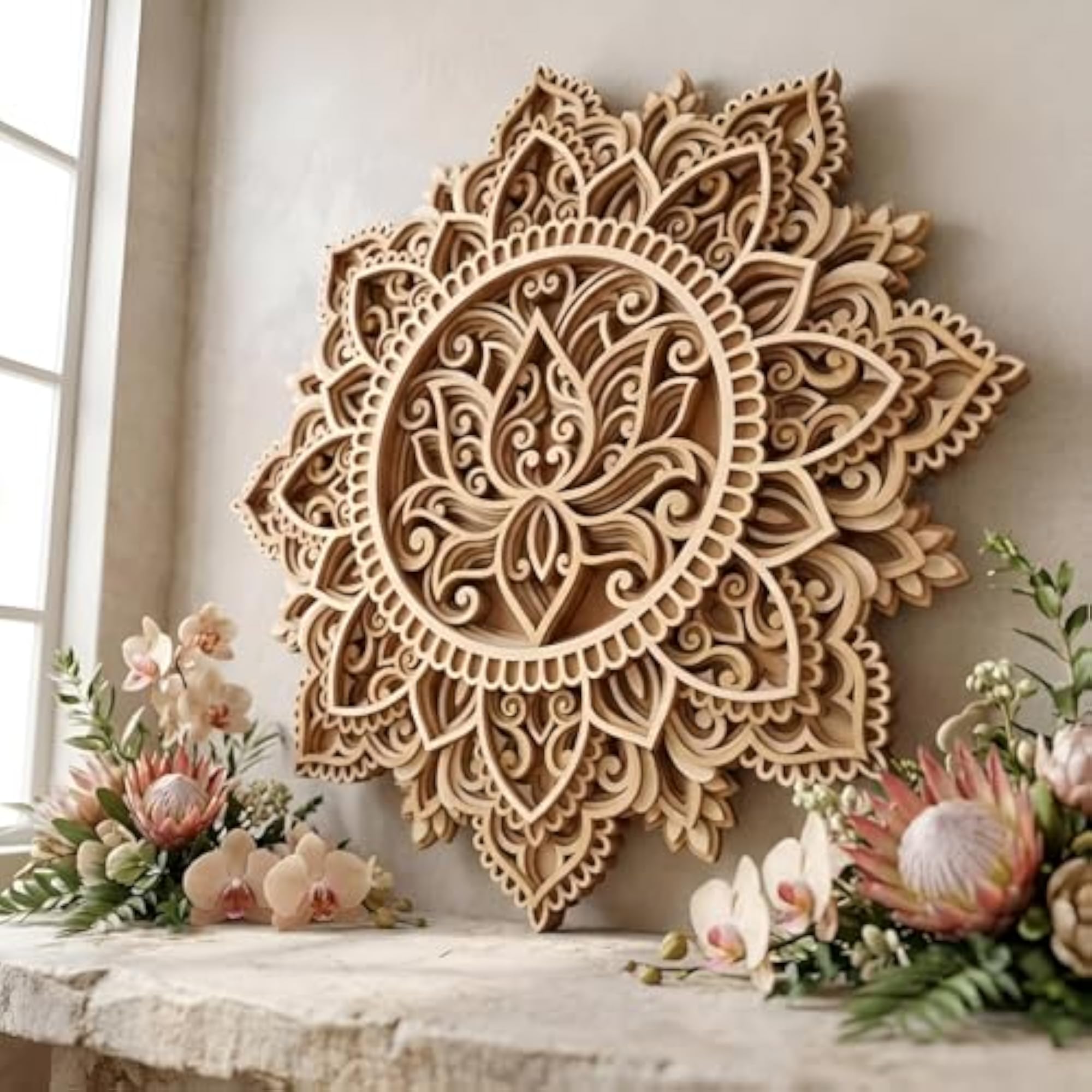 Mandala Wall Decor, Multilayer Wooden Lotus Art