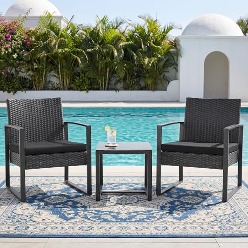 Anovara Outdoor Furniture 3 Pieces Balcony Garden Outdoor Furniture Set include 2 Rattan Chairs with Cushions and 1 Coffee Table