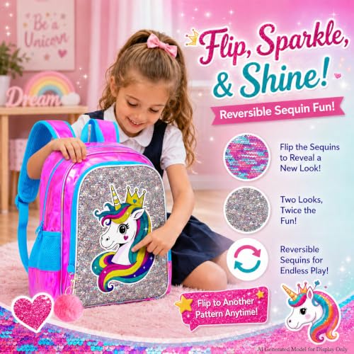 Image of CCJPX 3Pcs Unicorn Backpack, 16 inch Girls Sequin Bookbag with Lunch Box, Kids Water Resistant Elementary School Bag for Kindergarten Preschool Toddler (Rose)