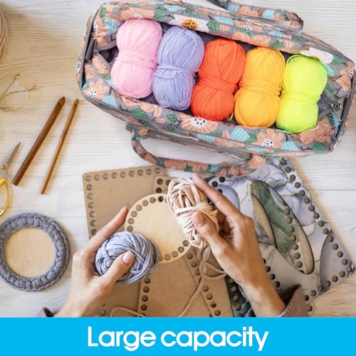 Image of Yarn Storage Organizer, Knitting Crossbody Bag, Large Crochet Tote Bag Yarn Holder Case for Carrying Projects, Knitting Needles, Crochet Hooks and Other Accessories (Flower-Grey)