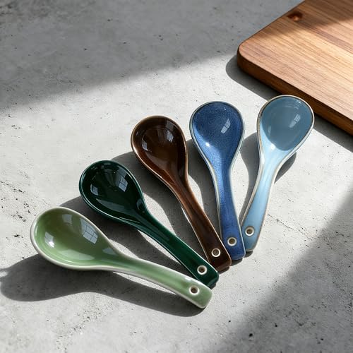 Image of Raelitego 5 /12 pcs Asian Soup Spoon, Ceramic Chinese Soup Spoons, Deep Oval Hook Non-slip Japanese Spoons for Rice Ramen Pho Miso Soup Wonton (5pcs-Dark)