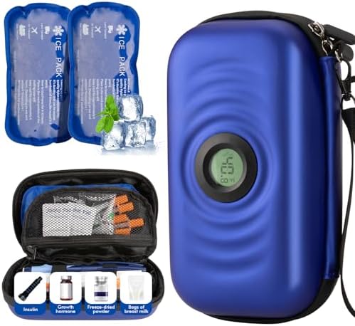 Insulin Cooler Travel Case TSA Approved with 2 Reusable Ice Packs, Travel Medication Cooler with Temperature Display, Portable Diabetes Travel Case Storing Insulin Vial & Medications Outdoors (Blue)