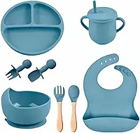 Kit Introdução Alimentar Bebê 8 Peças em Silicone Premium Antitóxico – Prato com Divisórias, Bowl, Copo com Tampa e Canudo, Babador Ajustável, Talheres com Cabo de Madeira e Silicone – Premium