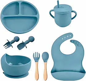 Kit Introdução Alimentar Bebê 8 Peças em Silicone Premium Antitóxico – Prato com Divisórias, Bowl, Copo com Tampa e Canudo, Babador Ajustável, Talheres com Cabo de Madeira e Silicone – Premium