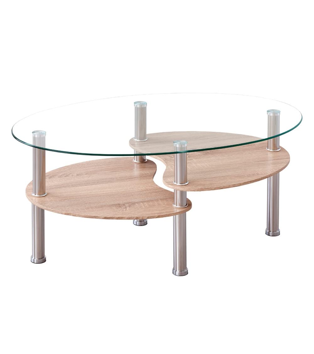 Home Heavenly®- Mesa Centro de Cristal Denise. Mesa Ovalada de Cristal. con revistero. Patas metálicas (Cristal Transparente y Tipo Roble)