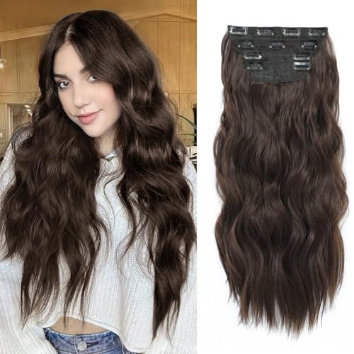 Clip in Dark Brown Hair Extensions 4PCS Long Natural Curly Hair Extension Full Head Thick Hair Synthetic Hairpieces for Women