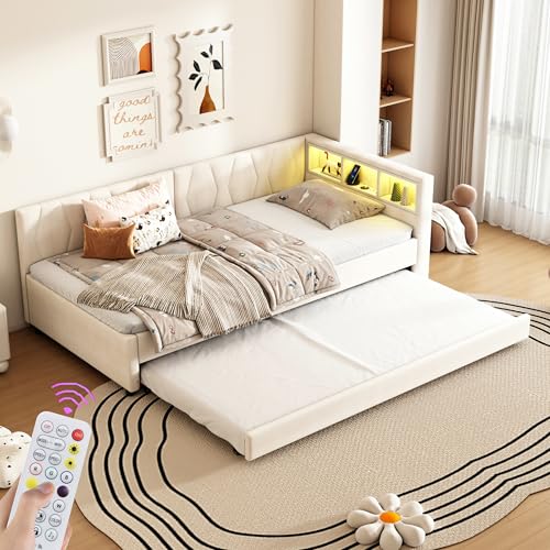 Biqzuya Cama Sofá Cama Día con 90x200 cm Caja de almacenamiento, Puertos USB-C, LED Ambiente y Cama supletoria Escamotable - Beige(sin colchón)
