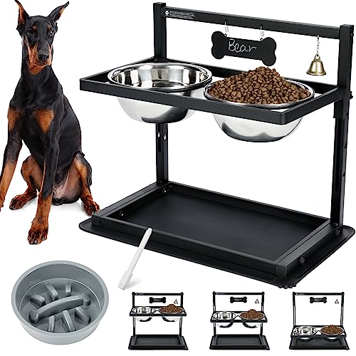 Ciotole per cani rialzate con alimentazione lenta, ciotole rialzate per cani di taglia grande regolabile in altezza con 2 ciotole per cibo per cani in acciaio inossidabile, tappetino a prova di