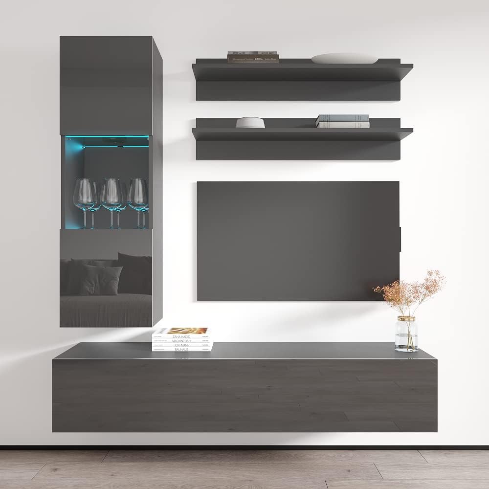 Meble Furniture Fly H1 30TV Stand Wall-Mounted Entertainment Center — Floating Modern Console with Storage Shelves and 16-Color LED Lights — 59.1" W x 15.7" H x 15.7" D — Grey
