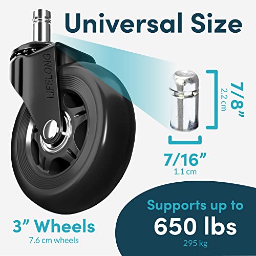 Image of Lifelong Office Chair Wheels Replacement, Heavy Duty, 10-Pack Universal Fit | Original Rubber Caster, Desk Wheels, Smooth & Quiet, Safe for Hardwood Floors & Carpet, Replace Office Chair Mats
