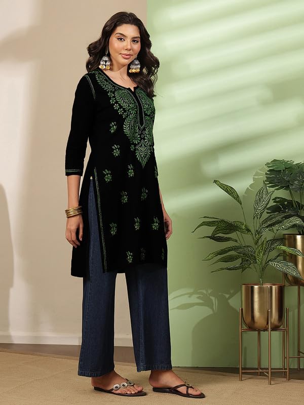 Image of Ada Hand Embroidered Lucknowi Chikankari Cotton Kurta Kurti for Women A411191