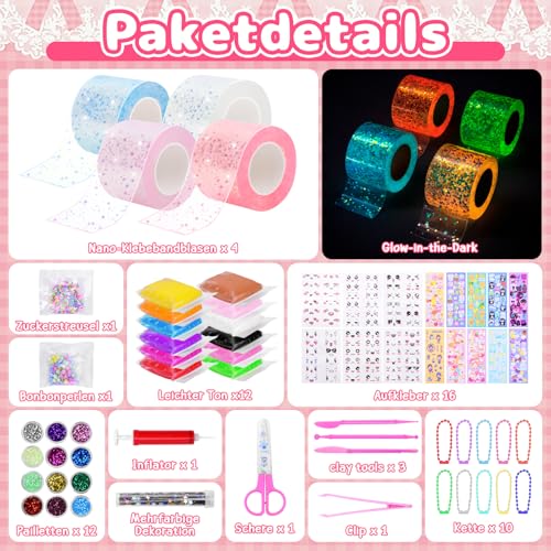 Meetory Nano Tape Bubbles Set - 63 Stück Nano Tape Leuchtet im Dunkeln Magie Nano Klebeband Nanoband Multipurpose Nano Bubbles Tape Set für junge mädchen mit Pailletten Aufkleber DIY craft kit, Favors