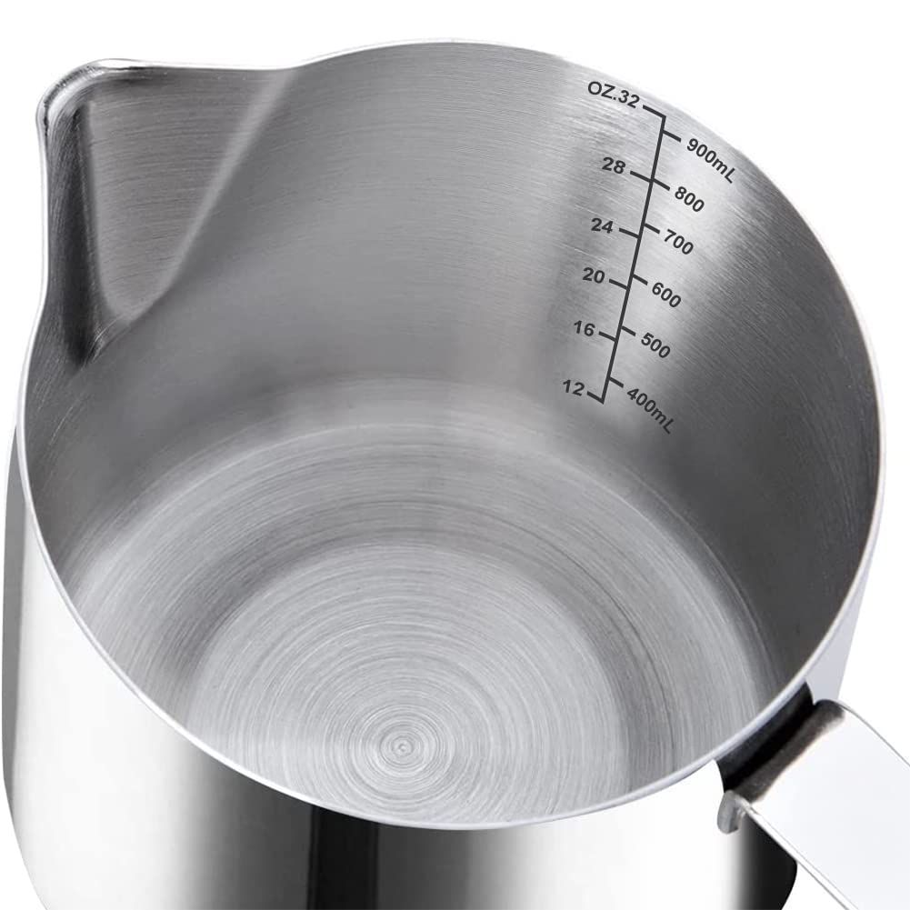 Jarra de espuma de leche de 32 onzas, jarra de acero inoxidable para café y café con leche, taza de espumador de leche, accesorios de máquina de espresso, jarra de herramientas de barista para café