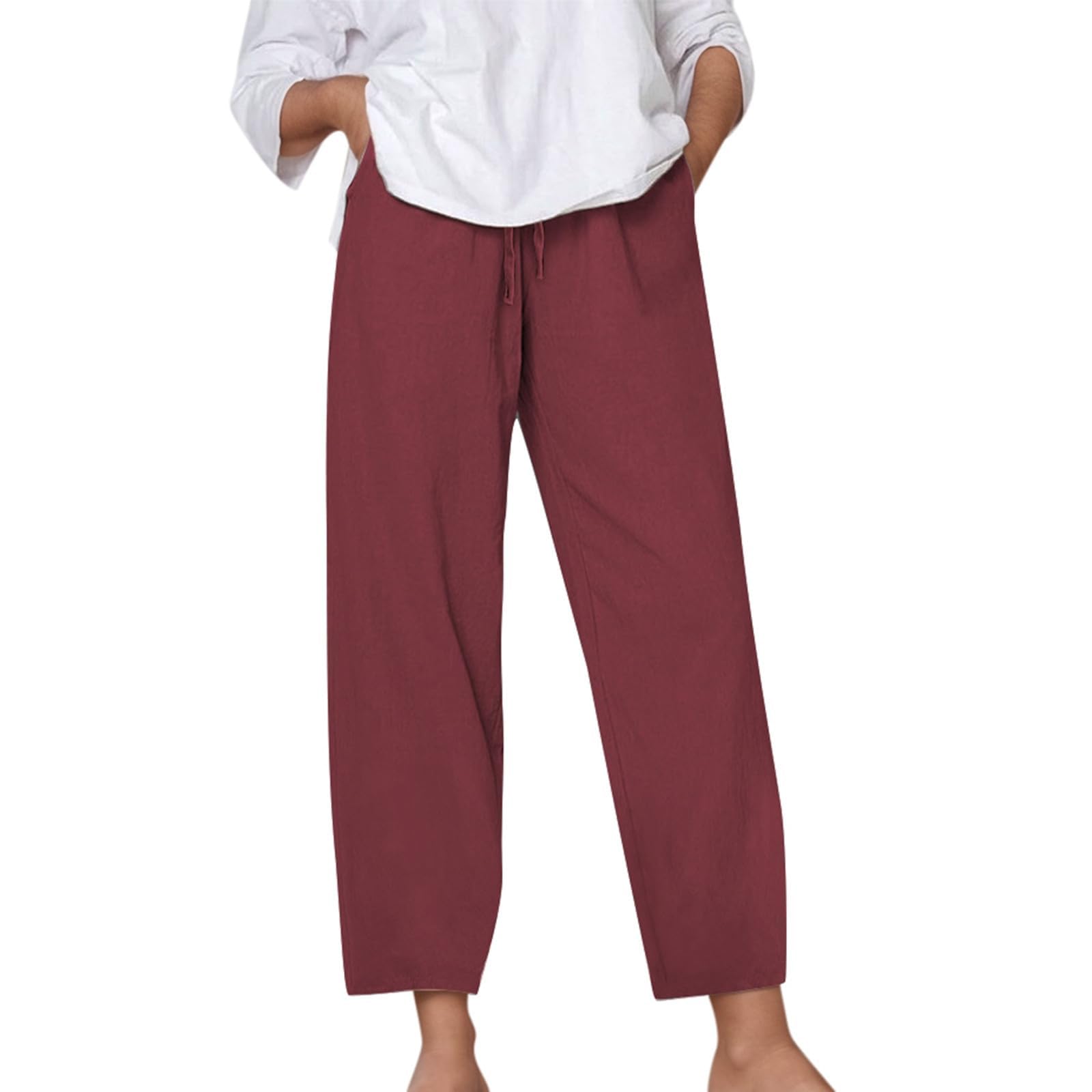 Casual Pants for Women Plus Size Straight Leg Lounge Pants Drawstring High Waist Lightweight Trousers with Pockets