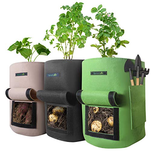 SproutJet 3 Pack 10 Gallon Potato Grow Bags, Sweet Potatoes Bag, Root Grow Bag, Tomato Planter with Pocket, Sturdy Handles, Window Flaps, Vegetable Access and Drainage Holes; Large Fabric Garden Bags