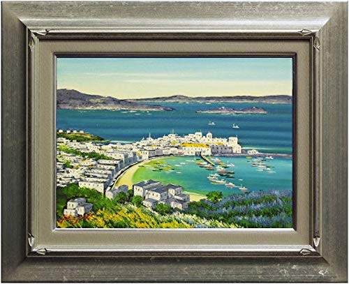 【真作】絵画　油彩0号　地中海の風景画　青い海の見える街　W149 真作】絵画 油彩0号 地中海の風景画 青い海の見える街 W149