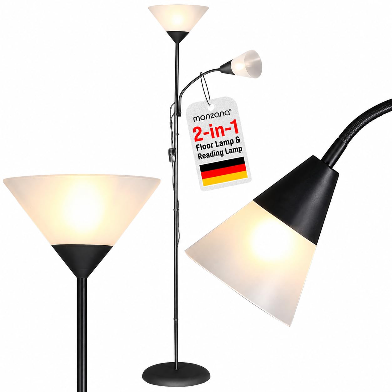 Monzanaยฎ Floor Lamp Alissa | 2-in-1 LED Uplighter and Reading Light | Freestanding Modern Design | Adjustable Flexible Arm | E27 and E14 Bulb Fittings | 175cm | Black