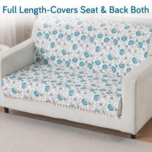 Image of HOKIPO Cerulean Bloom Quilted Sofa Cover for 2 Seater with Tassels for Seat & Back, 'Tassel Twigs' Series (IN-990-T6)