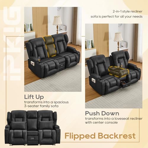 Image of IPKIG 67 inch RV Loveseat Double Recliner Sofa with FILP Back Console, Storage Drawer, Side Pockets, Faux Leather Manual Reclining Chair Home Theater Seating (Black)