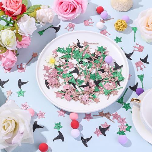 Image of 200 Pcs Pink and Green Glitter Confetti, Wicked Witch Themed Table Scatter, Magic Broom Wand Hat Crown Star Shapes for Princess Girls Birthday Baby Shower Party Supplies
