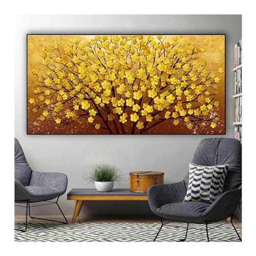 Peinture imprimée d'arbre à fleurs dorées pour habiller un grand mur vide