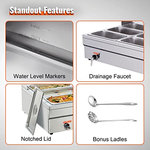 Image of VEVOR 12-Pan Commercial Food Warmer, 12 x 8QT Electric Steam Table with Tempered Glass Cover, 1800W Countertop Stainless Steel Buffet Bain Marie 86-185F Temp Control for Catering, Restaurant, Silver