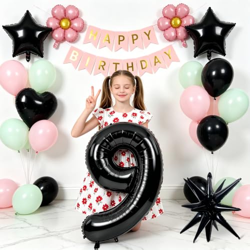 Image of TONIFUL 9th Birthday Balloons Kit 40 Inch Black Large Number 9 Foil Balloon | with 18Inch Helium Mylar Heart Star Balloons for Kids Women Men Birthday Anniversary Graduation New Year Eve Party Decoration