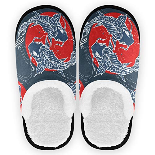 visesunny Cozy Fuzzy Plush Fleece Slippers for Women Men Japanese Art Carp Soft Memory Foam Ladies House Shoes Warm Bedroom Flat Shoe Indoor Outdoor
