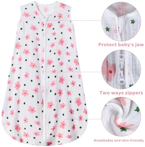 Image of BSTOPPT 2 Pack Baby Sleep Sack 12-18 Months 100% Organic Cotton Muslin Baby Sleeping Bag 2-Way Zipper Wearable Blankets (Flower & Cherry, Large), QYY24-HUA