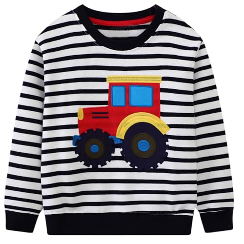 B&G-KID Toddler Boys Sweatshirts Striped Kids Embroidery Tractor Sweater Long Sleeve Shirt Crewneck Pullover Top Clothes.