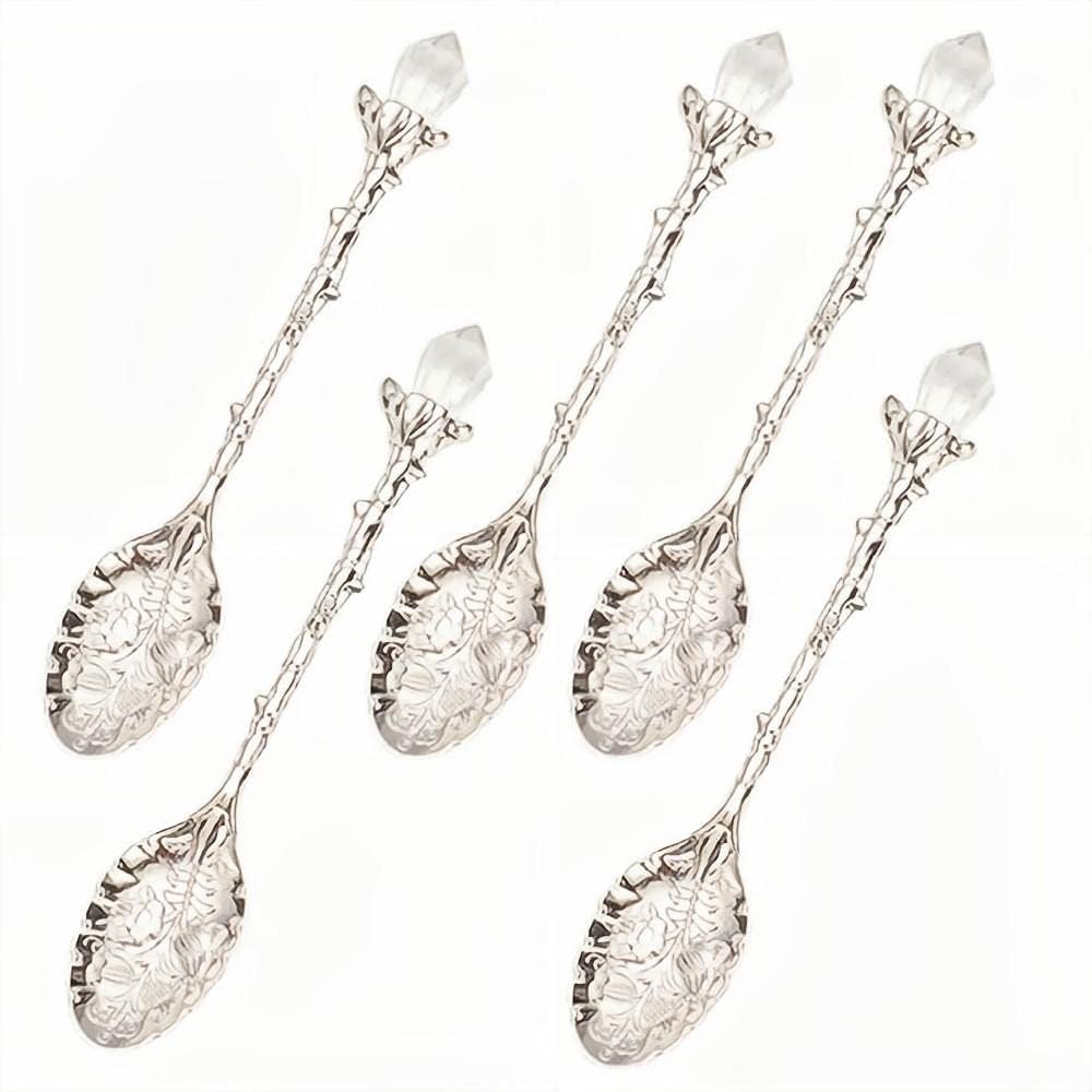 5 Piece Retro Carved Crystal Head Pattern Zinc Alloy Leaf Spoon Creative Mug Dessert Coffee Ice Cream Fruit Teaspoon Set (Silver)