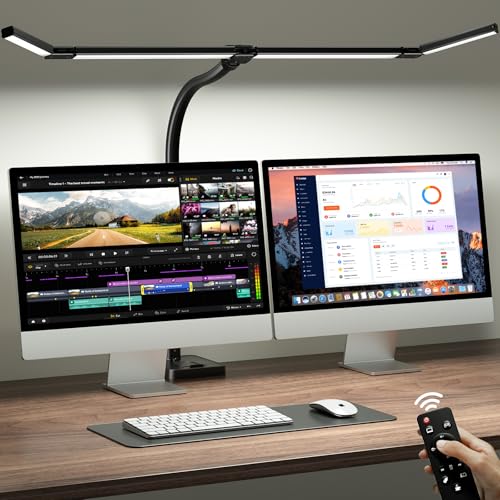 Image of ONEMIX 42 inch LED Desk Lamp for Home Office, Eye-Caring Desk Light with Adjustable 4-Segment Bar, 1800LM Bright, Remote, Architect Table Lamp with Base for Dual Monitors, Reading, Study, Workbench(Black)