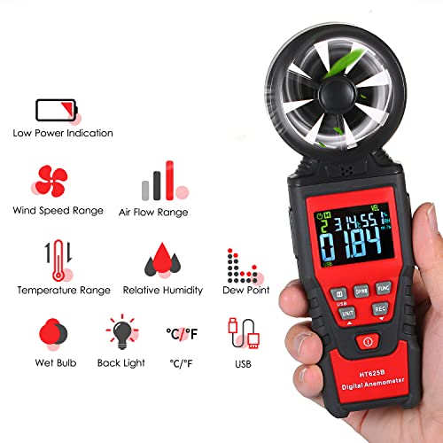 Handheld Anemometer Digital Wind Speed Meter With Usb, Lcd Color Display Measures Wind Speed Humidity Temperature, Air Flow Volume, Dew Point Temperature For Hvac Vents, Boat Sailing, Shooting Ht625B #TOP2