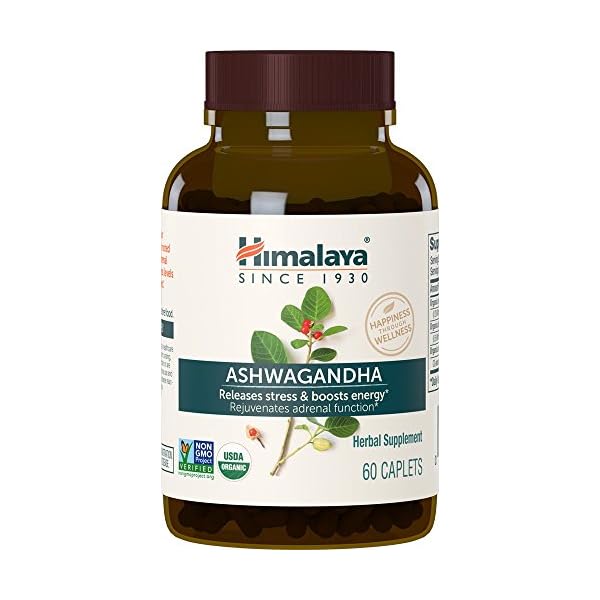 Himalaya Organic Ashwagandha, 60 Day Supply, Herbal Supplement for Stress Relief, Energy Support, Occasional Sleeplessness, USDA Certified Organic, Non-GMO, Vegan, Gluten Free, 670 mg, 60 Caplets