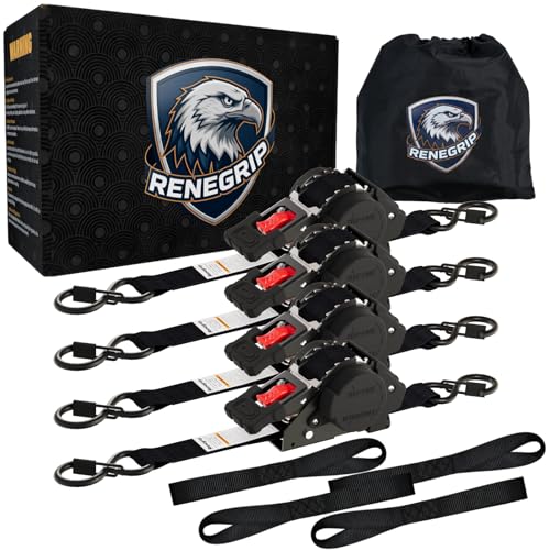 Renegrip Retractable Ratchet Straps Heavy Duty Tie Down 1*12ft Breaking Strength 1760LBS Cargo Securing System for Motorcycle UTV ATV Trailer(Black 4Pack)