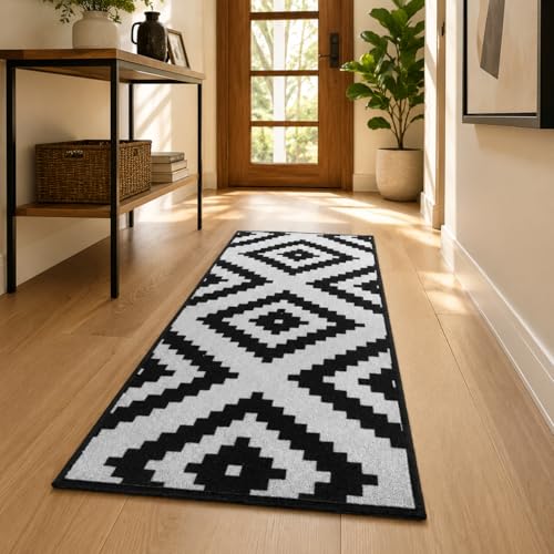 Image of Matz&More Pattern Jacquard Runner Mat | 50x120 CM | Black Offwhite | Nylon Tufted Gel Baking Anti-Slip | Doormat for Home Entrance, Kitchen & Bedroom