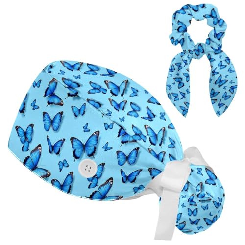Image of Butterfly Scrub Cap Women with Ponytail & Buttons Adjustable Surgical Nurse Hat with Cotton Sweatband for Long Hair