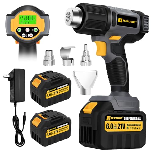 JEXUGK LCD Cordless Heat Gun, Portable Hot Air Gun with 2 x 6.0Ah Battery, Pistola De Calor Inalambrica with 4 Nozzles, 122℉-1022℉ Fast Heating Shrink for Vinyl Wrap, Automotive, Paint Removal