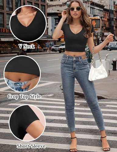 Short Sleeve V Neck Crop Top for Women Soft Workout Shirt Going Out Tops Sexy Slim Fitted Casual Base Layer Lightweight4