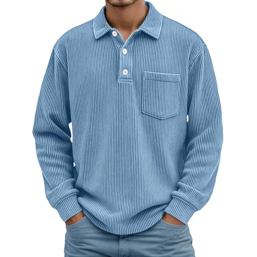 Vhersily Camiseta de hombre de manga larga de invierno, polo camisa con botones, jersey de terciopelo acanalado elegante, camiseta de tejido jersey acanalado para invierno, cortavientos, cómoda