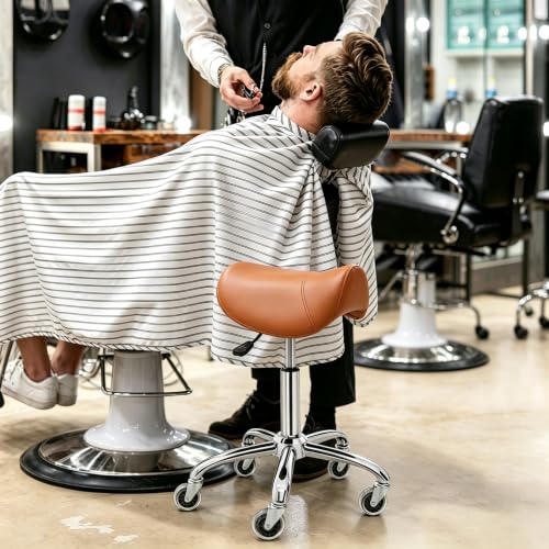 Image of Saddle Stool, Adjustable Ergonomic PU Leather Rolling Drafting Chair, Brown | 360 Swivel wheels, Height adjustable, Multi-use for Salon, Lab, Tattoo, Massage & Clinic