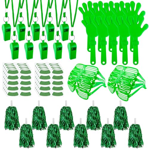 PPXMEEUDC 140 PCS Green Cheering Accessories Bulk Whistle Cheerleading Pom Poms Shutter Glasses Stickers for School Sports Week Performance Celebration