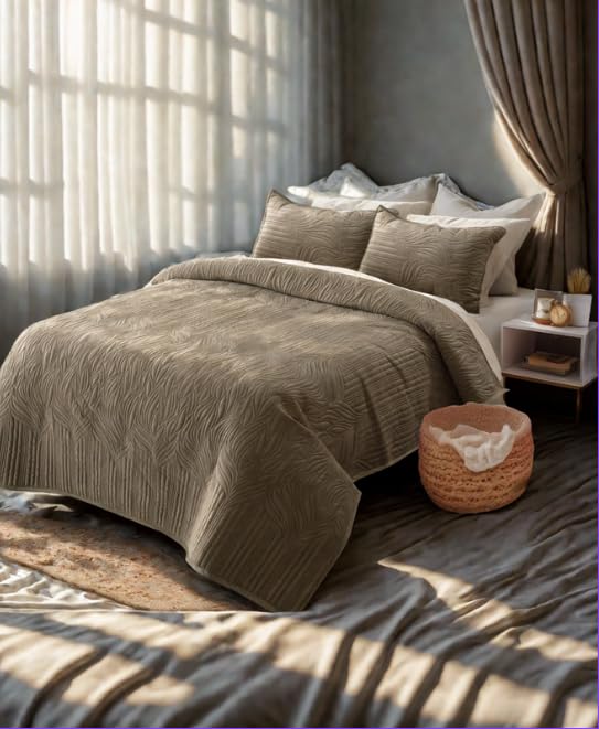 ADCO Auradecor Bed Linen Set - 3 Piece Holland Velvet Bedcover Set with Ultrasonic Quilting, Wrinkle-Resistant - Anchovy, Blue, Brown, Prairie Dog, Rain Barrel, Topiary (Brown)-picture-26