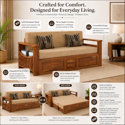Image of Douceur Furnitures Solid Sheesham Wooden 3 Seater Sofa Cum Bed with Mattress,Cushions & Side Pockets,Wood Foldable Convertible Sofa 3 Seater Diwan Cum Bed for Living Room & Office|Natural Teak Finish