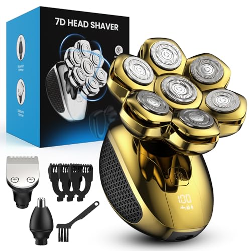 Image of Head Shaver for Bald Men, 7D Floating Electric Razor, Close Smooth Shave for Head, Flexible Heads, Replaceable Blade, IPX7 Waterproof Wet Dry Use, LED Display, USB Charging Gold