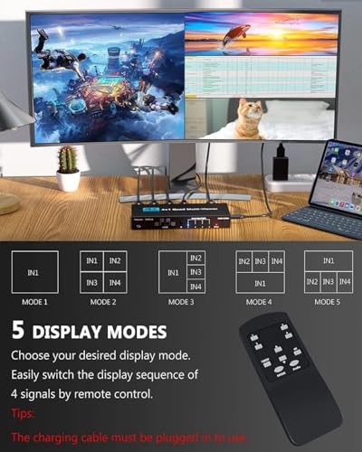Image of Tobo HDMI 4x1 Multi-viewer switcher 4K Seamless Quad Screen Real Time Multi Viewer Splitter 4 in 1 Out HDMI Switch Adapter with IR Remote Control TD-967H.